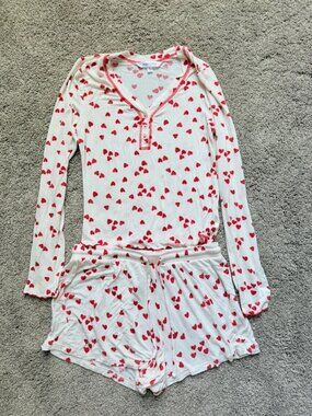 Honeydew Ladies 2 Piece Pajama Jogger Set Small Red Hearts Long Sleeve
